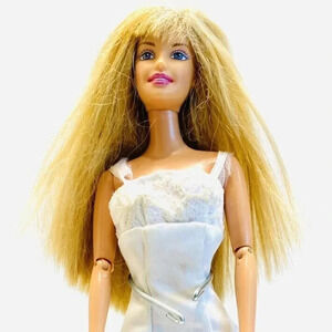MATTEL BARBIE Doll White Gown 12"Tall Blonde Hair Purple Eyes Articulated Elbows